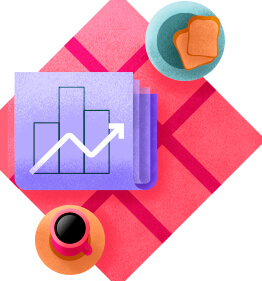 Mercados Hoje - toalha vermelha com prato de torradas, xícara e jornal com gráfico indicando crescimento