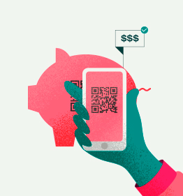 O que é PIX? - ilustração de um porquinho rosa de cofrinho com uma mão segurando um celular na frente passando um QR Code no porquinho e mostrando $$