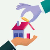 ilustração de uma mão colocando uma moeda no telhado de uma casa que está apoiada em outra mão